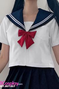 Trang Phục Seifuku Nữ Sinh Nhật Áo Trắng 2 Sọc - Váy Xanh Đen Cơ Bản