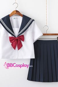 Trang Phục Seifuku Nữ Sinh Nhật Áo Trắng 2 Sọc - Váy Xanh Đen Cơ Bản