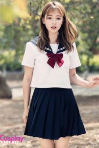 Trang Phục Seifuku Nữ Sinh Nhật Áo Trắng 2 Sọc - Váy Xanh Đen Cơ Bản