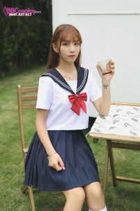 Trang Phục Seifuku Nữ Sinh Nhật Áo Trắng 2 Sọc - Váy Xanh Đen Cơ Bản