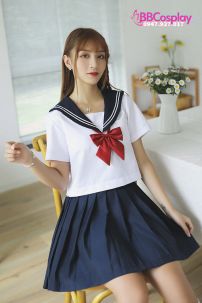 Trang Phục Seifuku Nữ Sinh Nhật Áo Trắng 2 Sọc - Váy Xanh Đen Cơ Bản