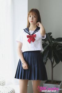 Trang Phục Seifuku Nữ Sinh Nhật Áo Trắng 2 Sọc - Váy Xanh Đen Cơ Bản