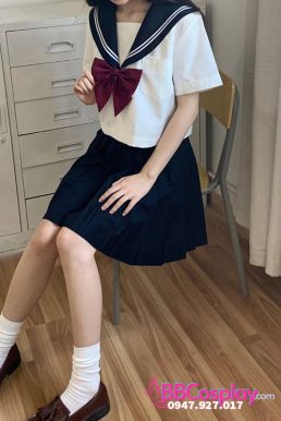 Đồ Seifuku Nữ Sinh Nhật Áo Trắng 2 Sọc - Váy Xanh Đen Cơ Bản