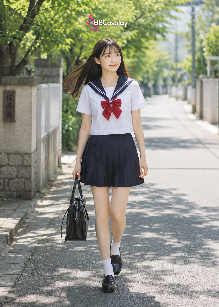 Đồ Seifuku Nữ Sinh Nhật Áo Trắng 2 Sọc - Váy Xanh Đen Cơ Bản
