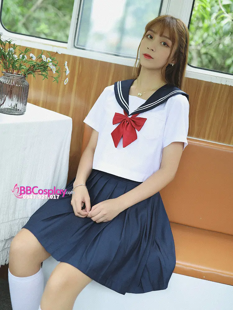 Đồ Seifuku Nữ Sinh Nhật Áo Trắng 2 Sọc - Váy Xanh Đen Cơ Bản