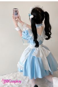 Trang Phục Nàng Hầu Maid Xanh Nhạt Viền Xanh Phối Nơ Đáng Yêu