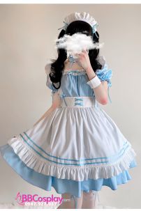 Trang Phục Nàng Hầu Maid Xanh Nhạt Viền Xanh Phối Nơ Đáng Yêu
