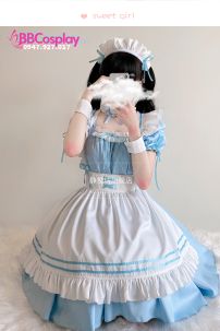 Trang Phục Nàng Hầu Maid Xanh Nhạt Viền Xanh Phối Nơ Đáng Yêu