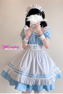 Trang Phục Nàng Hầu Maid Xanh Nhạt Viền Xanh Phối Nơ Đáng Yêu