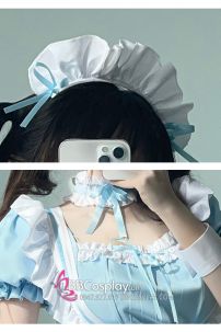 Trang Phục Nàng Hầu Maid Xanh Nhạt Viền Xanh Phối Nơ Đáng Yêu