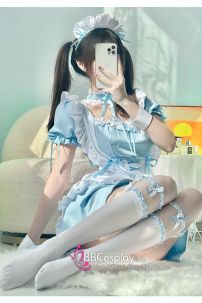 Trang Phục Nàng Hầu Maid Xanh Nhạt Viền Xanh Phối Nơ Đáng Yêu