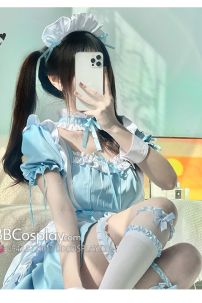 Trang Phục Nàng Hầu Maid Xanh Nhạt Viền Xanh Phối Nơ Đáng Yêu