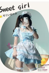 Trang Phục Nàng Hầu Maid Xanh Nhạt Viền Xanh Phối Nơ Đáng Yêu