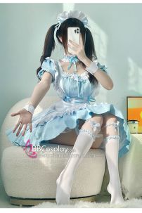 Trang Phục Nàng Hầu Maid Xanh Nhạt Viền Xanh Phối Nơ Đáng Yêu