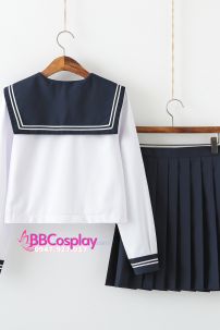 Trang Phục Seifuku Nữ Sinh Nhật Cơ Bản Áo Trắng 2 Sọc Váy Xanh Đen Tay Dài