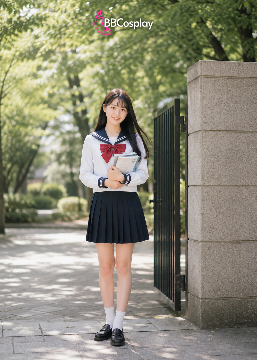 Đồ Seifuku Nữ Sinh Nhật Cơ Bản - Áo Trắng 2 Sọc Váy Xanh Đen Tay Dài