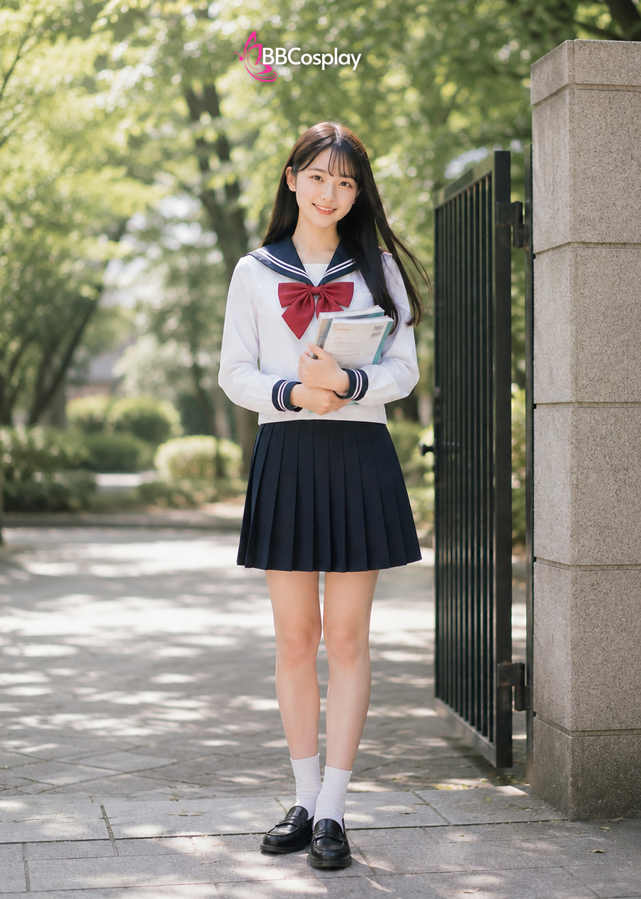 Đồ Seifuku Nữ Sinh Nhật Cơ Bản - Áo Trắng 2 Sọc Váy Xanh Đen Tay Dài