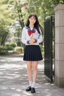 Đồ Seifuku Nữ Sinh Nhật Cơ Bản - Áo Trắng 2 Sọc Váy Xanh Đen Tay Dài