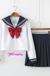 Đồ Seifuku Nữ Sinh Nhật Cơ Bản - Áo Trắng 2 Sọc Váy Xanh Đen Tay Dài