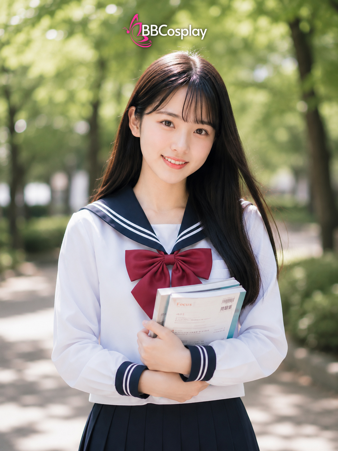 Đồ Seifuku Nữ Sinh Nhật Cơ Bản - Áo Trắng 2 Sọc Váy Xanh Đen Tay Dài