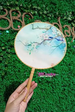 Quạt Tròn Bạch Mai Hoa Nền Xanh