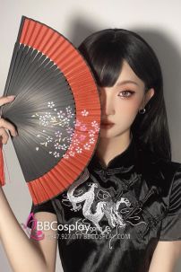 Quạt Uchiwa Đen Phối Đỏ Hoa