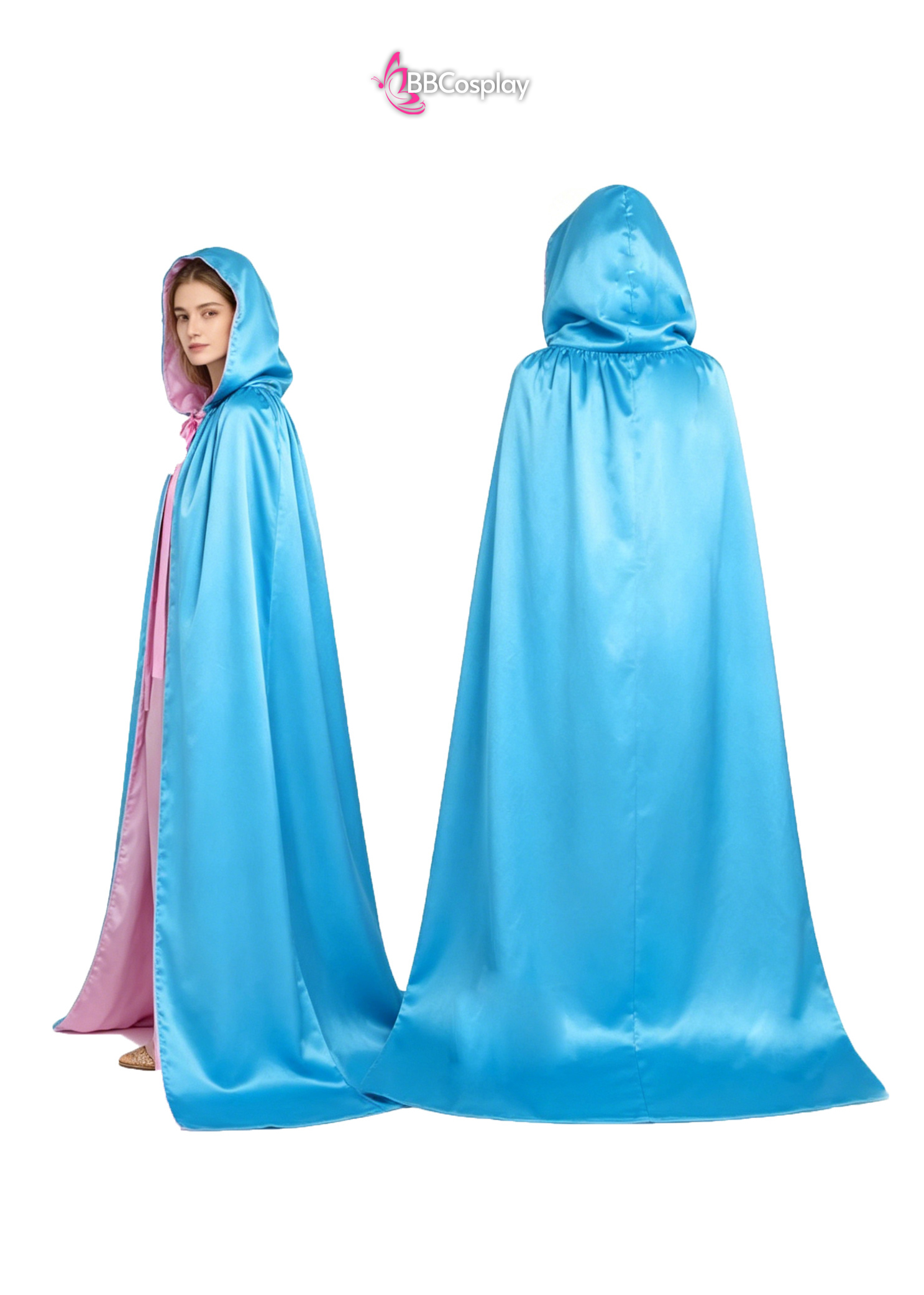 Áo Choàng 2 Lớp Vải Phi Bóng Có Nón - Hồng Xanh