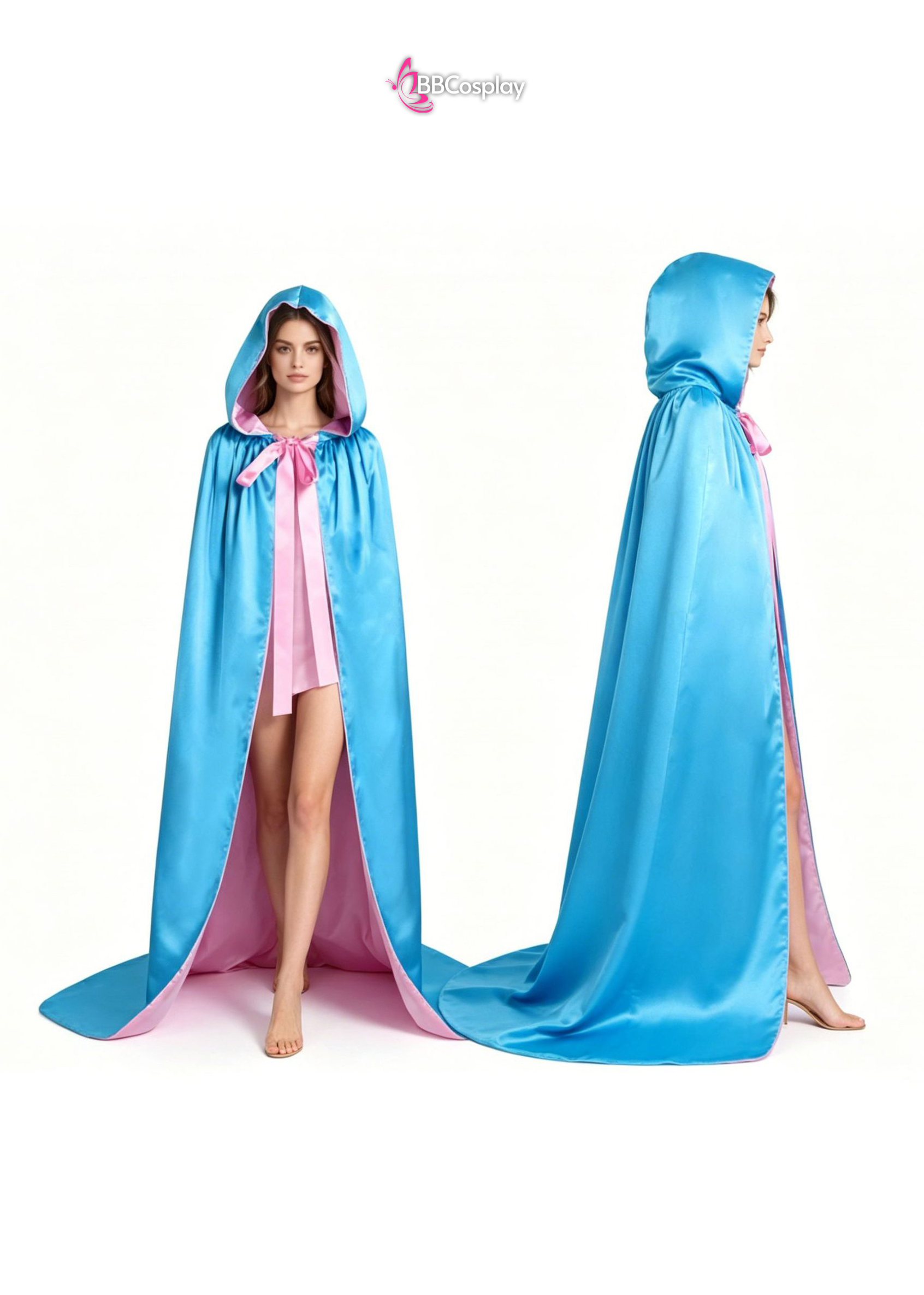 Áo Choàng 2 Lớp Vải Phi Bóng Có Nón - Hồng Xanh