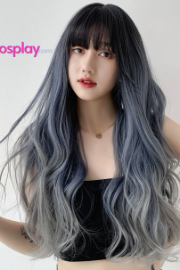 Tóc Xoăn Dài Mái Ngang Màu Xanh Khói