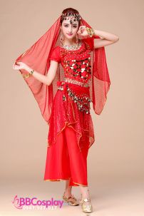 Đồ Ấn Độ Đỏ Tay Ngắn Váy Kim Tuyến