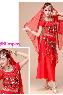 Trang Phục Ấn Độ Đỏ Tay Ngắn Váy Kim Tuyến