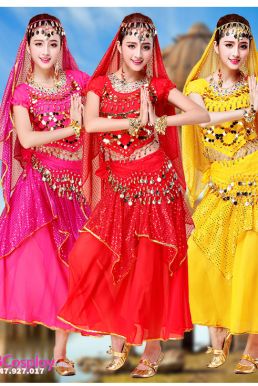 Trang Phục Ấn Độ Đỏ Tay Ngắn Váy Kim Tuyến