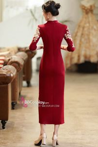Sườn Xám Thượng Hải Dự Tiệc Cao Cấp Đỏ Dài Tay Lửng Xẻ Tà