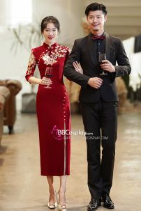 Sườn Xám Thượng Hải Dự Tiệc Cao Cấp Đỏ Dài Tay Lửng Xẻ Tà