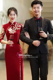 Sườn Xám Thượng Hải Dự Tiệc Cao Cấp Đỏ Dài Tay Lửng Xẻ Tà