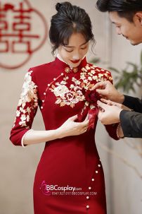 Sườn Xám Thượng Hải Dự Tiệc Cao Cấp Đỏ Dài Tay Lửng Xẻ Tà