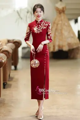 Sườn Xám Thượng Hải Dự Tiệc Cao Cấp Đỏ Dài Tay Lửng Xẻ Tà