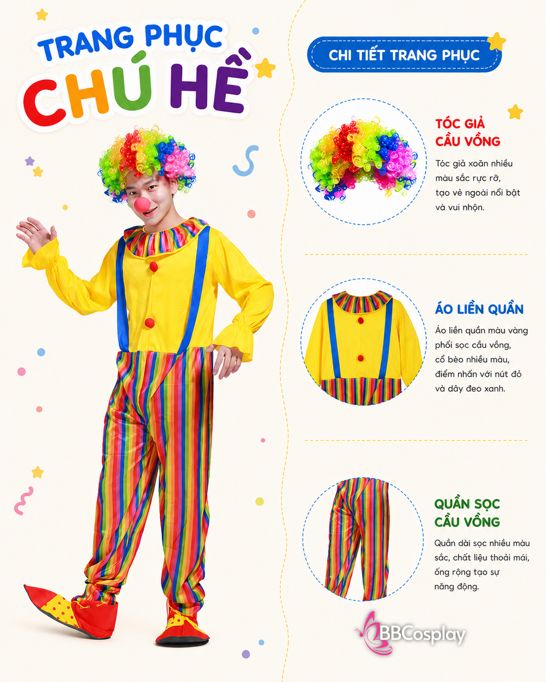 Trang Phục Chú Hề Nam Áo Vàng Quần Sọc 7 Màu