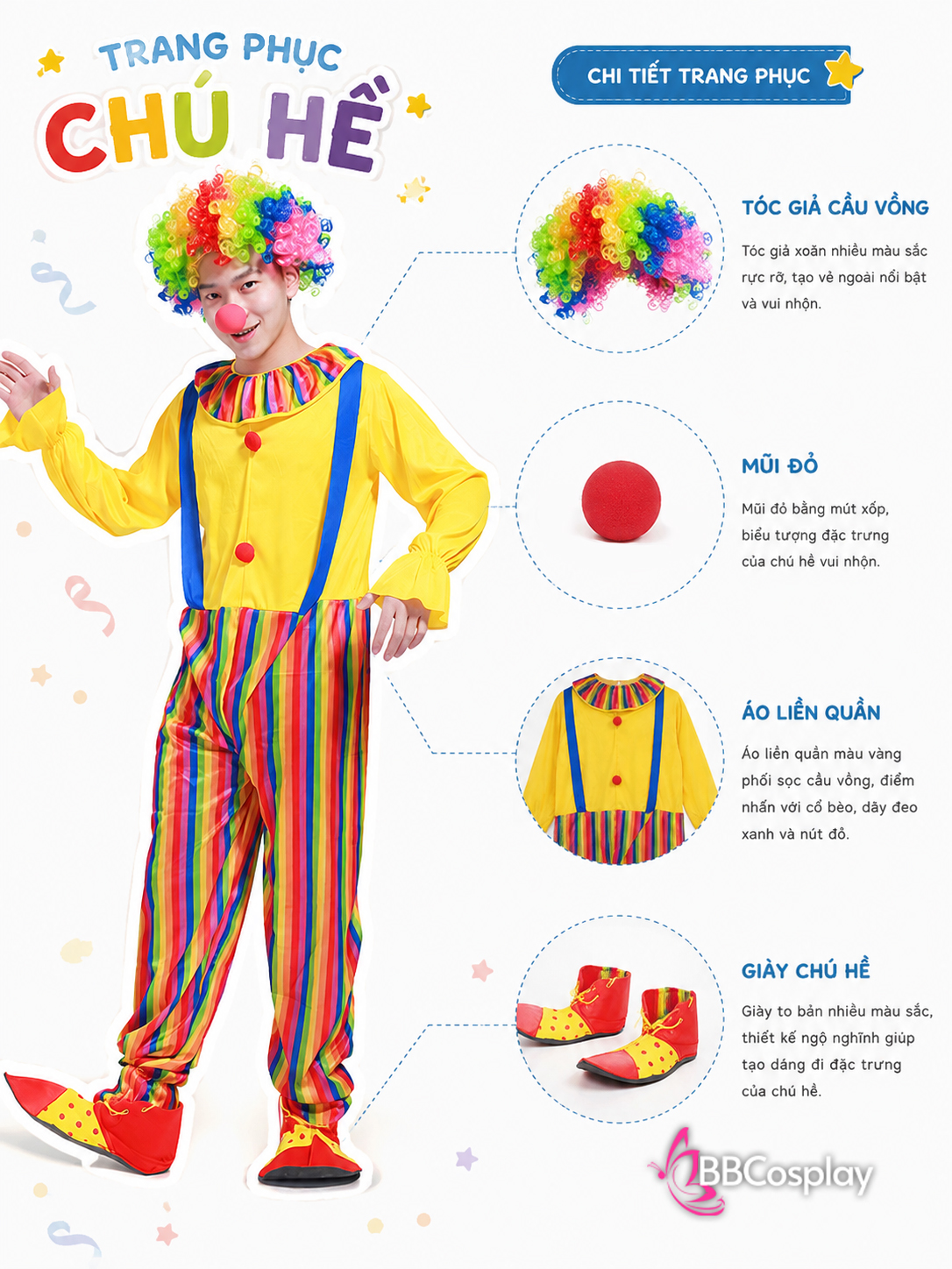 Trang Phục Chú Hề Nam Áo Vàng Quần Sọc 7 Màu