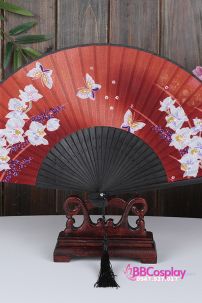 Quạt Xếp Nền Đỏ Hoa Và Bướm Trắng