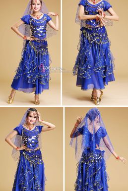 Trang Phục Múa Bụng Màu Xanh Sapphire Tay Dài Váy Kim Tuyến Rũ Mẫu Mới 2023