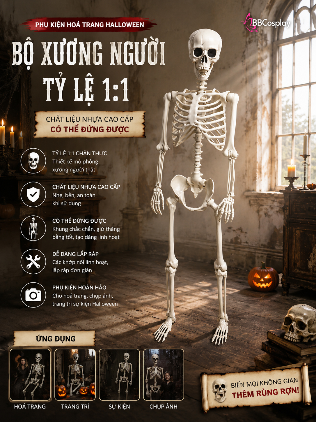 Hình ảnh sản phẩn của Mô Hình Bộ Xương Người Cao 170Cm Dùng Trang Trí Halloween