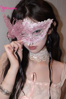 Mặt Nạ Nửa Mặt Ren Cài Bướm - Màu Hồng