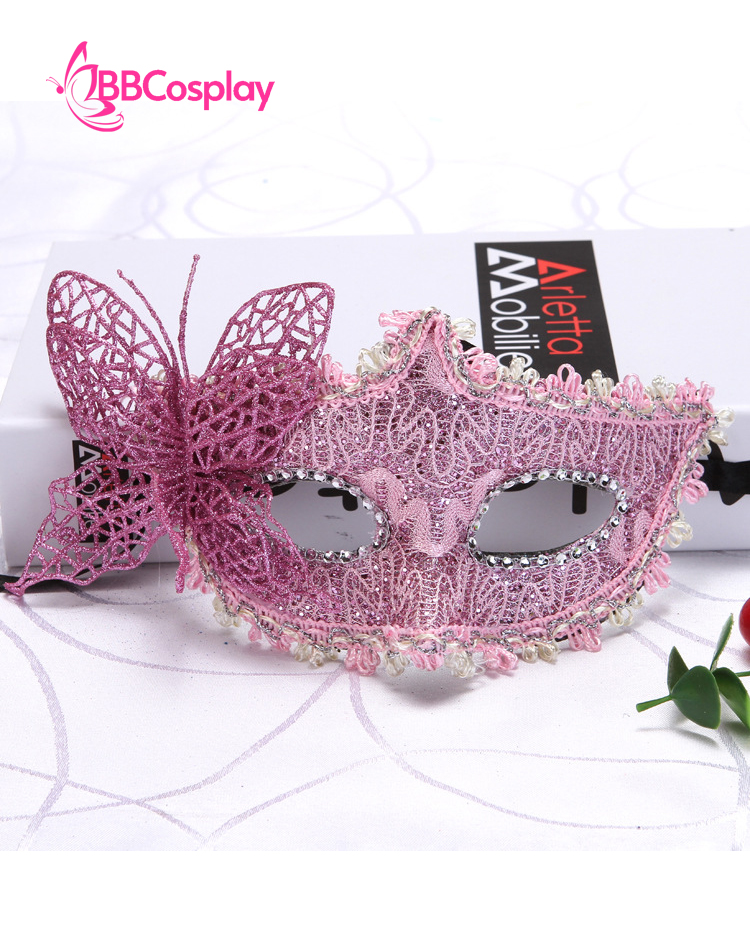 Mặt Nạ Nửa Mặt Ren Cài Bướm - Màu Hồng
