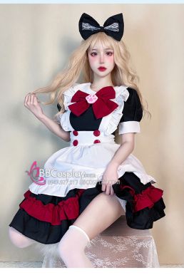 Đồ Nàng Hầu Maid Đen Đỏ Tạp Dề Trắng