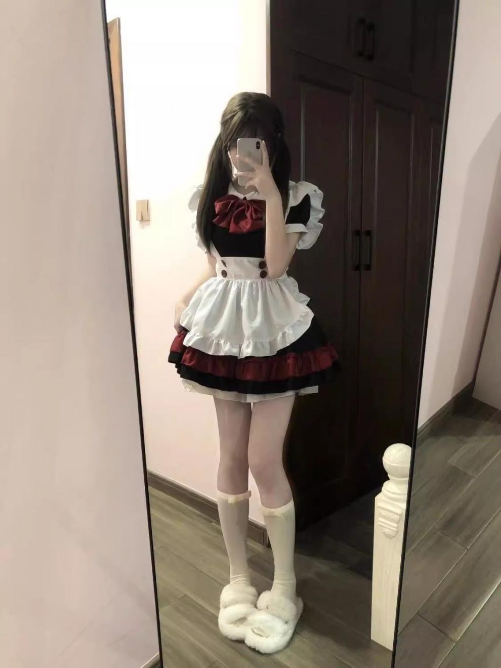 Đồ Nàng Hầu Maid Đen Đỏ Tạp Dề Trắng