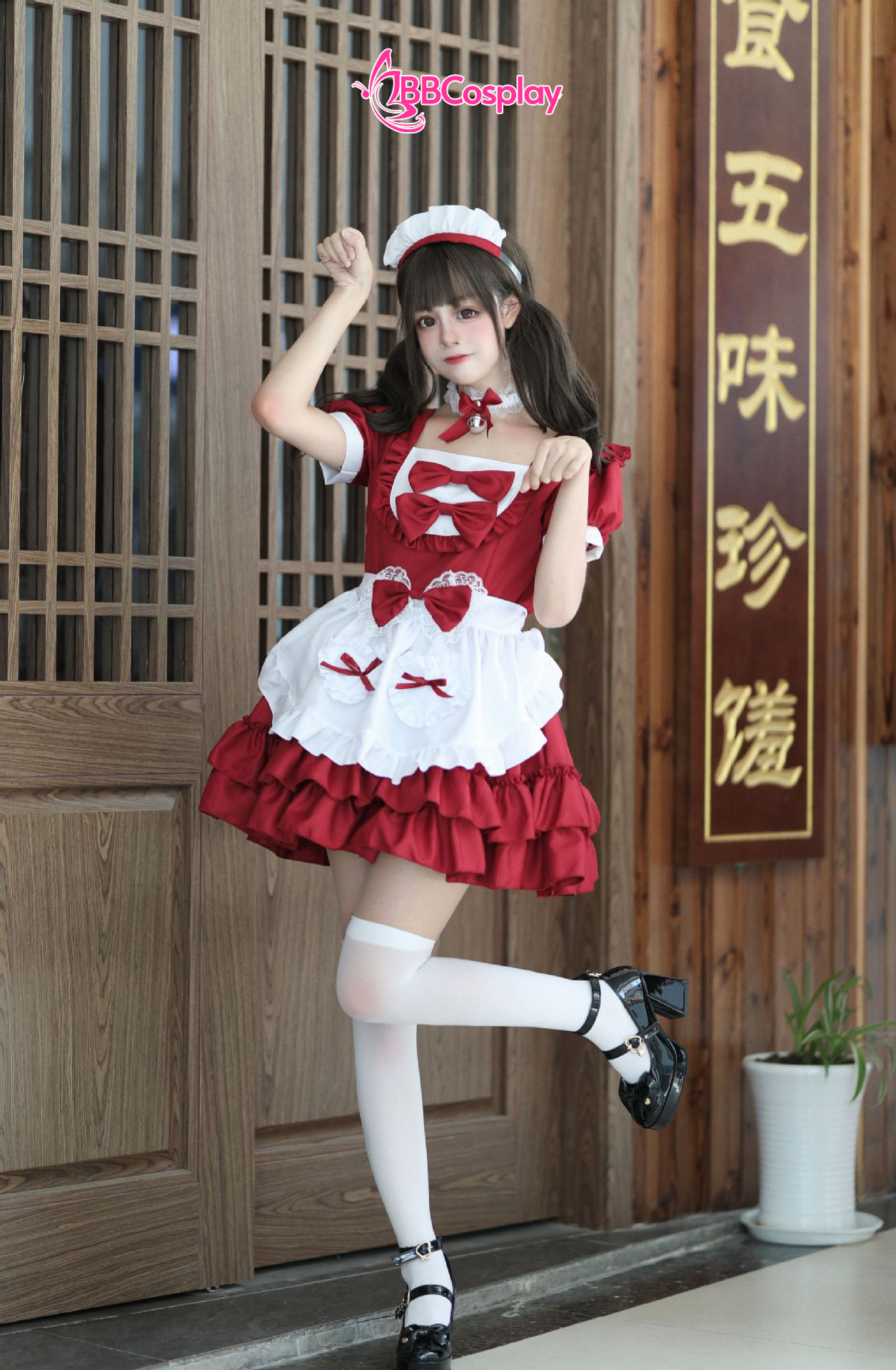 Đồ Nàng Hầu Maid Đỏ Tạp Dề Trắng Kèm Nhiều Nơ