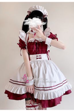 Đồ Nàng Hầu Maid Tay Phồng Tạp Dề Trắng Phối Nơ - Màu Đỏ