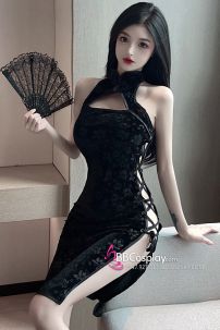 Sườn Xám Đen Gấm Sexy