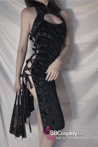 Sườn Xám Đen Gấm Sexy